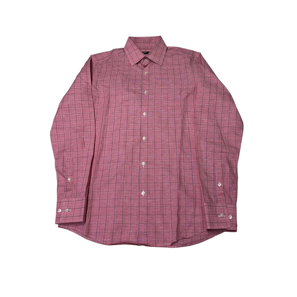 Hugo Boss Slim‎ Fit Shirt Mens 15 38 Red Plaid Cotton Linen Made Italy
